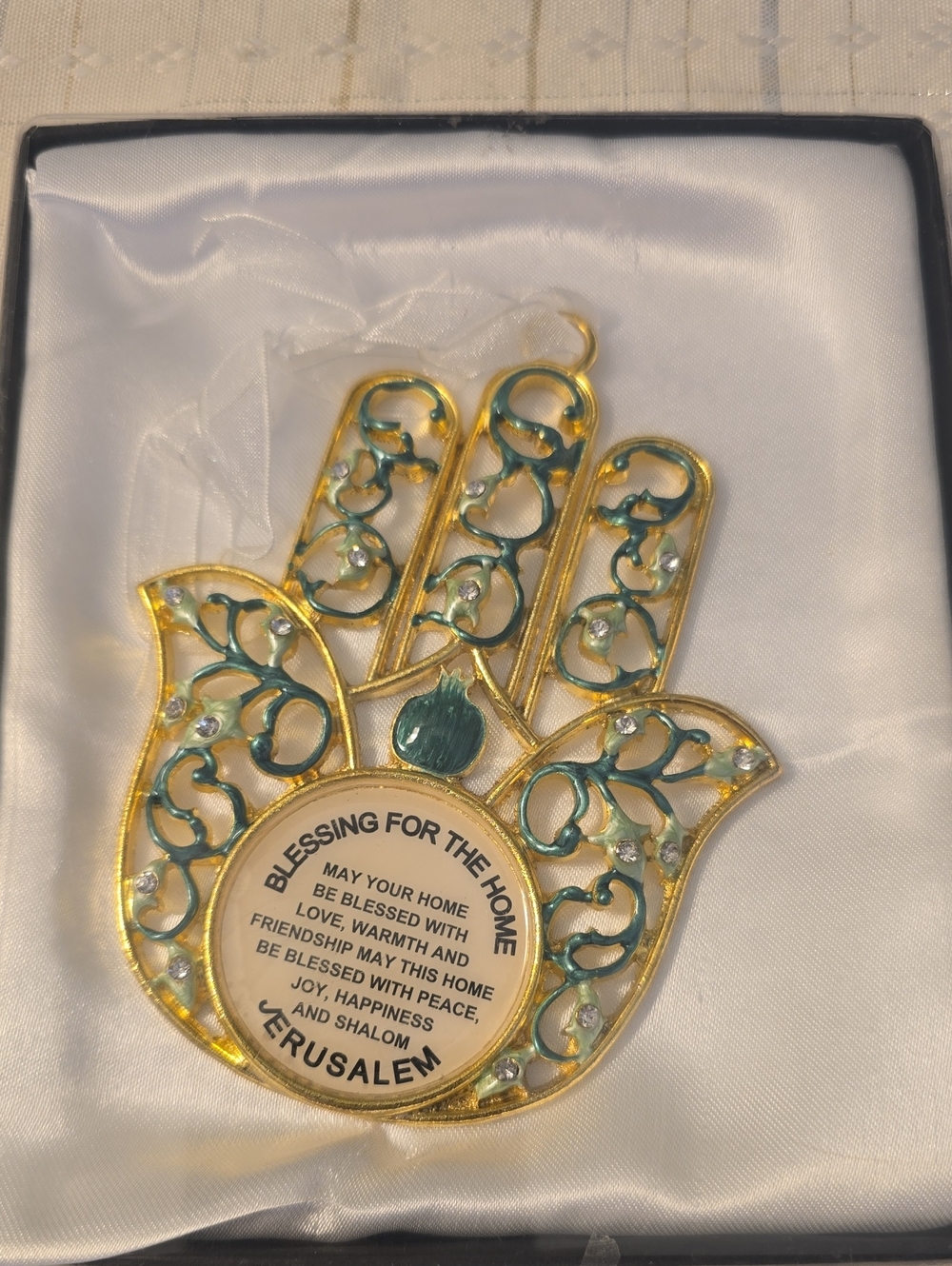Jerusalem Hamsa Blessing for the Home - Gold and Teal Wall Hanging New